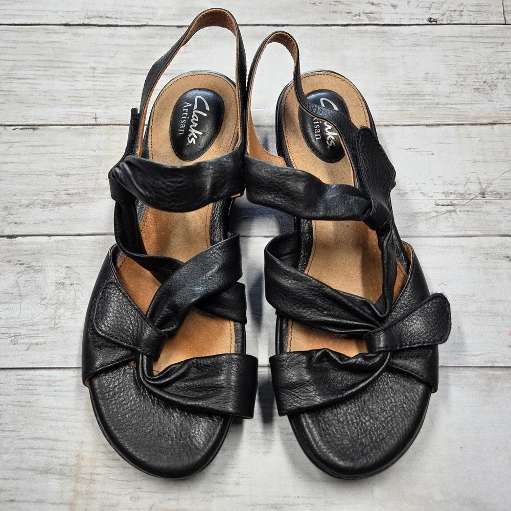 Clarks Artisan 26087200 Strappy Slingback Wedge Sandal Womens 7M Black Leather